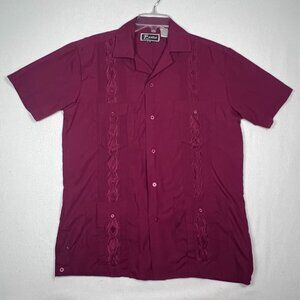 Lada Mens Med Maroon Button Up Shirt‎ Hawaiian Theme Pockets Embroidered